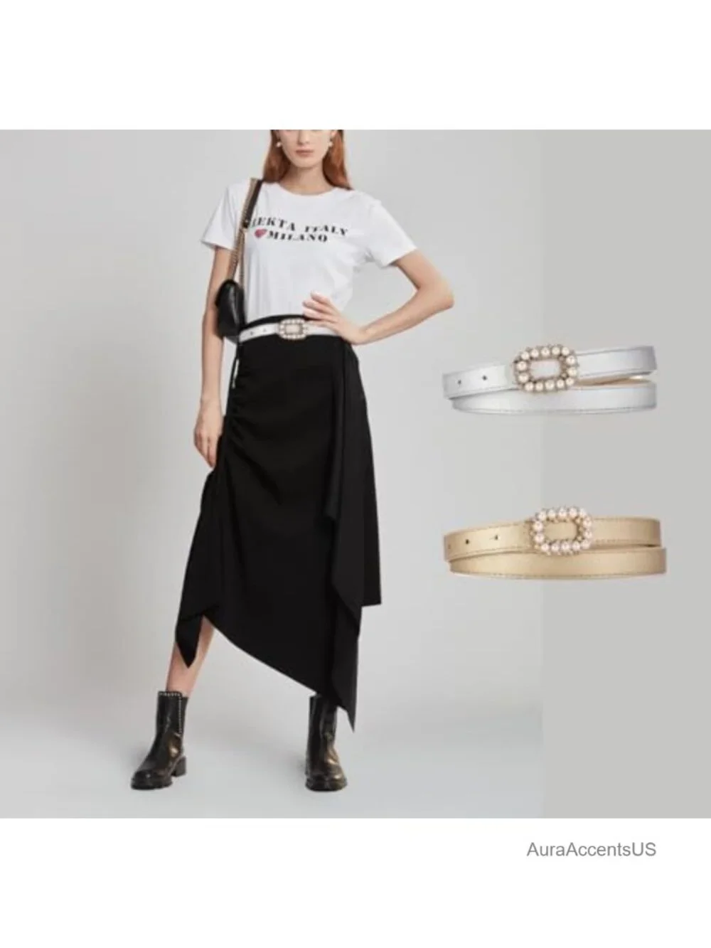 Pearl Rhinestone Rectangle Buckle Skinny Faux Leather Belt